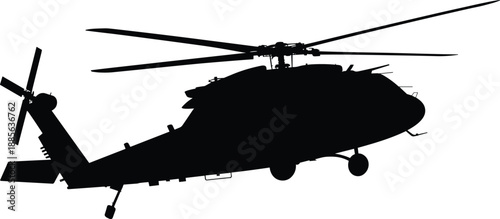 Military helicopter silhouette in flight, tactical combat aviation defense transport power technology concept, black aircraft isolated on white background