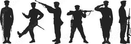 Military soldier silhouettes set, armed army personnel standing marching saluting aiming rifles, black vector illustration isolated on white