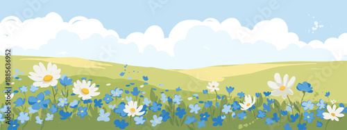 Abstract rural landscape. Watercolor vector illustration, flowering meadows, chamomile and flax flowers.. Hand drawn author's drawing.