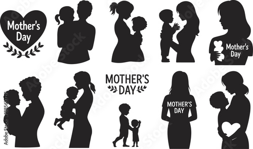 Mother’s Day silhouette set with mom and children love moments, family bonding illustrations, maternal care concept isolated on white