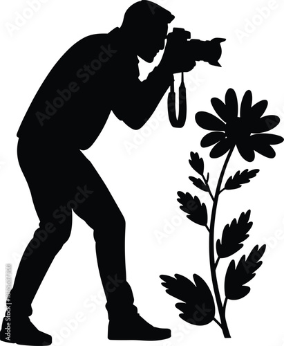 Photographer silhouette taking flower photo, nature macro photography concept, creative camera artist capturing floral beauty isolated on white background