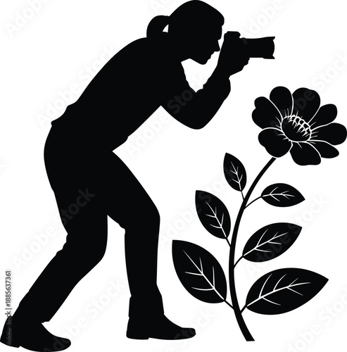 Photographer silhouette capturing flower macro shot, creative nature photography concept, black camera artist isolated on white background