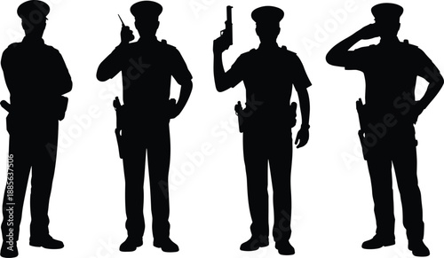 Police officer silhouette set, law enforcement security authority poses with radio gun salute, black uniform figures isolated on white backgroundPolice officer silhouette set