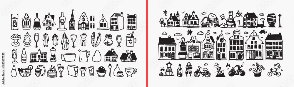 Naklejka premium city building icons, hand drawn architecture illustrations, black and white town art, urban house drawings, simple city elements, village building sketches, architecture icon set