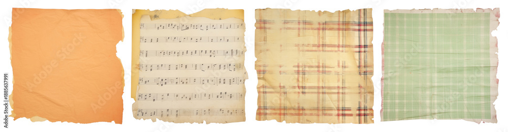 Obraz premium PNG Vintage paper textures: music notes, plaid, grid Illustration, collage element set on transparent background.