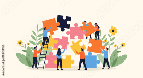 Teamwork Building Puzzle Illustration