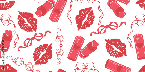 Seamless romantic vector pattern with red lipstick, kiss lip prints and ribbon bows on white background. Stylish Valentine design for textile printing, fashion fabric and decor.