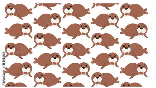 Cute walrus seamless pattern in flat cartoon style