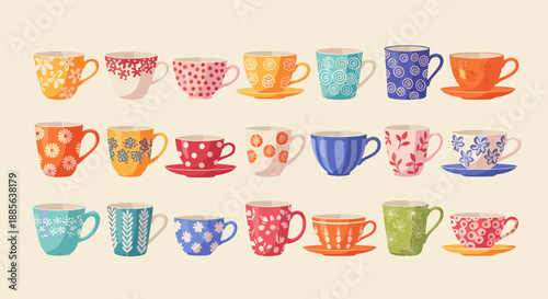 Colorful Tea Cups Collection Illustration