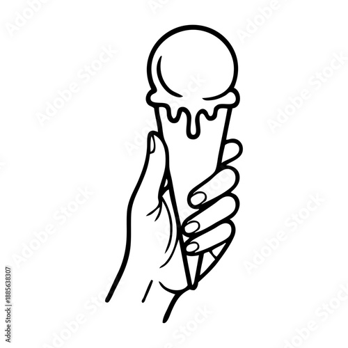 Dibujo sencillo de una mano sujetando un cucurucho de helado con líneas