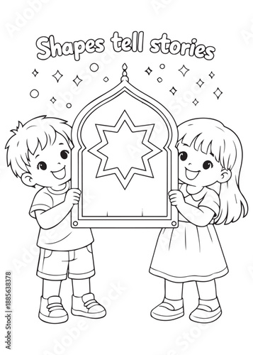 coloring book arab boy and girl holding a star window showing shapes tell stories