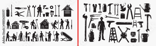 home tools illustration, household object icons, hand drawn home equipment, black and white tool art, repair and maintenance icons, domestic tools collection, home service illustration

