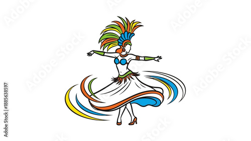 Illustration of a dancer wearing a colorful costume with feathers and swirling ribbons, posing dynamically against a white background.