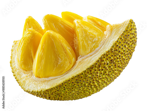 A sliced jackfruit ready to eat, showing its yellow fleshy fruit and textured rind Isolated Transparent Background, PNG