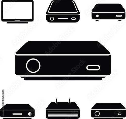 Black silhouette icon set of digital tv set top box, media player, router and smart home gateway electronics devices isolated on white background.