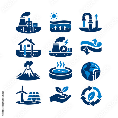 Geothermal energy and eco technology global warming icons