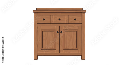 Small wooden cabinet with three drawers and two doors is depicted in a detailed vector illustration with a natural wood grain finish.
