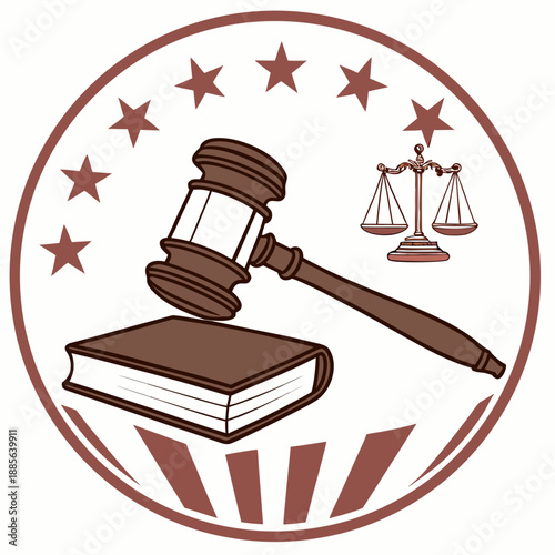 Brown gavel resting on book with scales of justice and stars