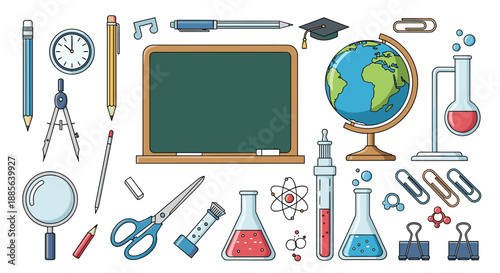 Extensive collection of school and science supplies including a chalkboard, globe, microscope, beakers, and various stationery.