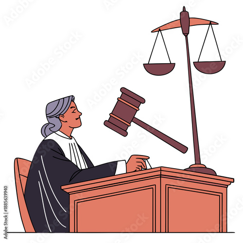 Judge banging gavel at desk with scales of justice behind
