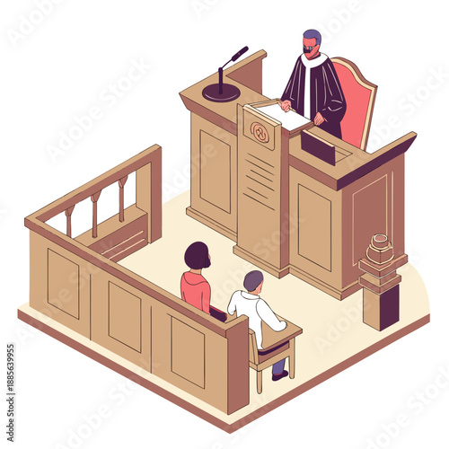 Isometric courtroom scene with judge and defendants