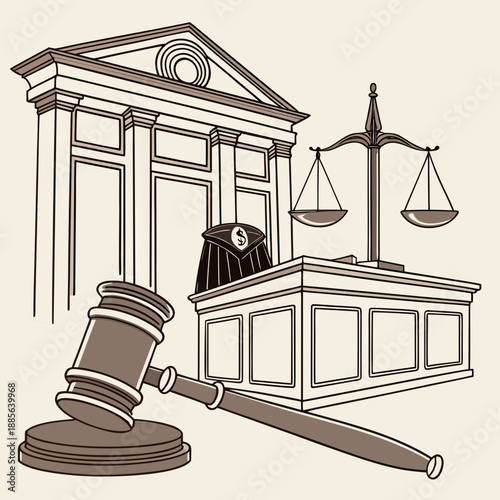 Judicial system concept with gavel scales and money bag