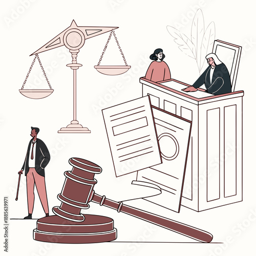 Judicial system concept with gavel judge and scales