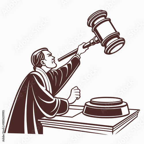 Brown of judge banging gavel on desk monochrome