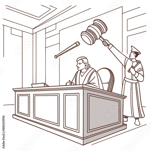 Courtroom authority scene with gavel raised above bailiff