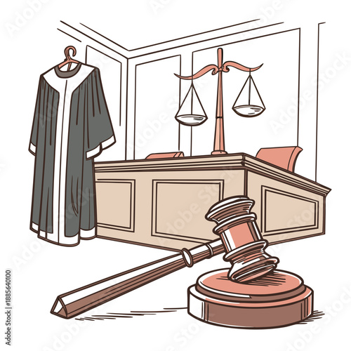 Judge gavel and robe on a court desk with scales justice system
