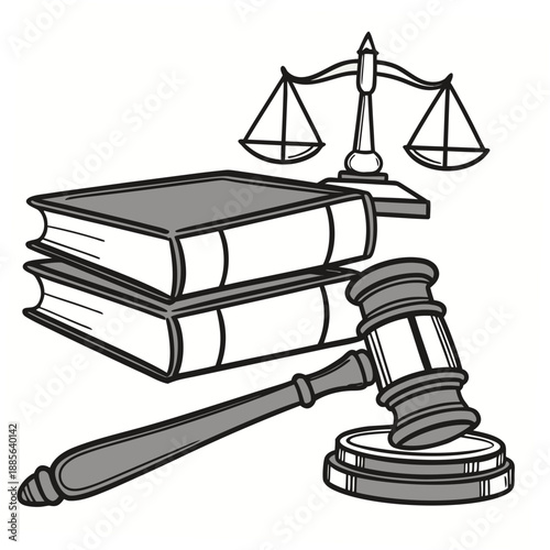 Grayscale of gavel and legal books with scales justice