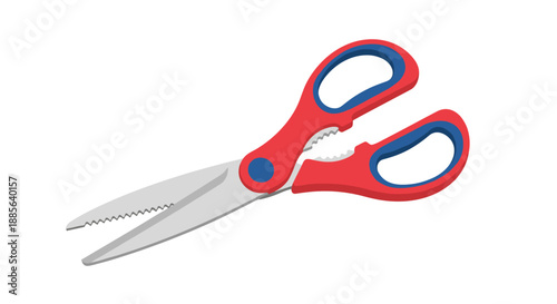 Red and blue kitchen scissors with a serrated blade and ergonomic handles are shown as a detailed vector illustration on white.