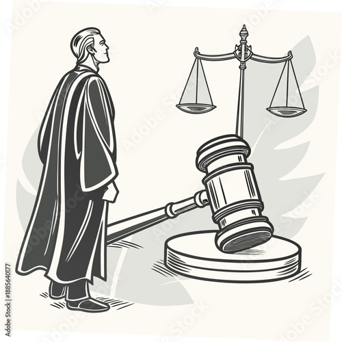 Judge standing beside a gavel and scales of justice