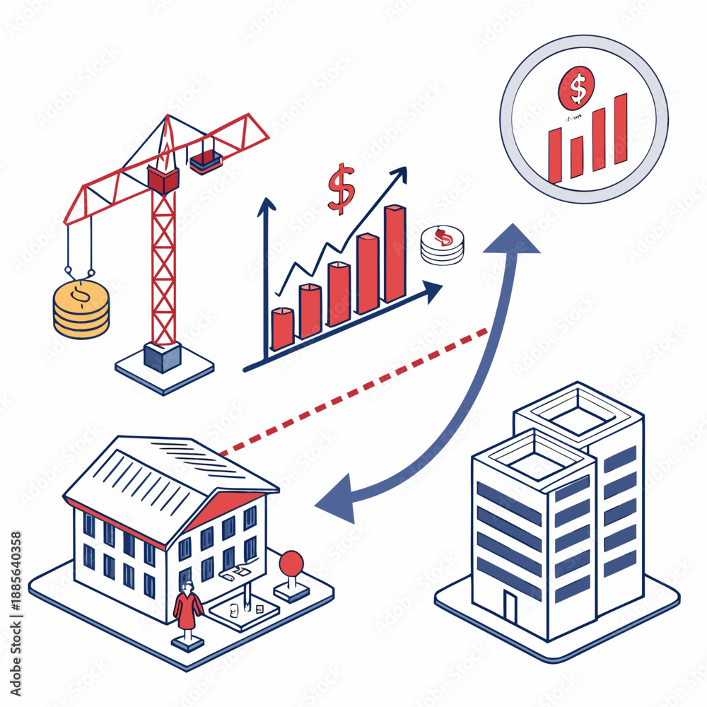 Naklejka premium Of economic growth with construction crane and buildings