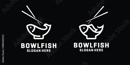 Bowlfish logo design with chopsticks and fish in a bowl.