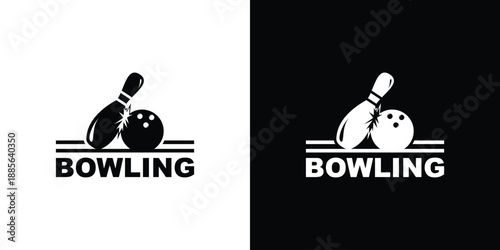 Bowling logo design with bowling pin and ball on white and black background.