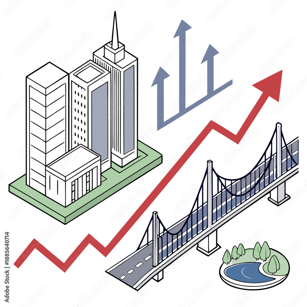Fototapeta premium Of city building and bridge with rising economic graph
