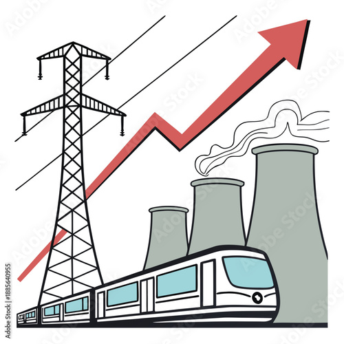 Of train and power plant with rising graph smokestack