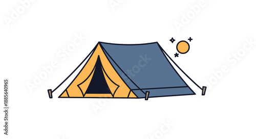 Blue and yellow camping tent pitched outdoors under a bright sun with stars on a clear white background as a vector icon.