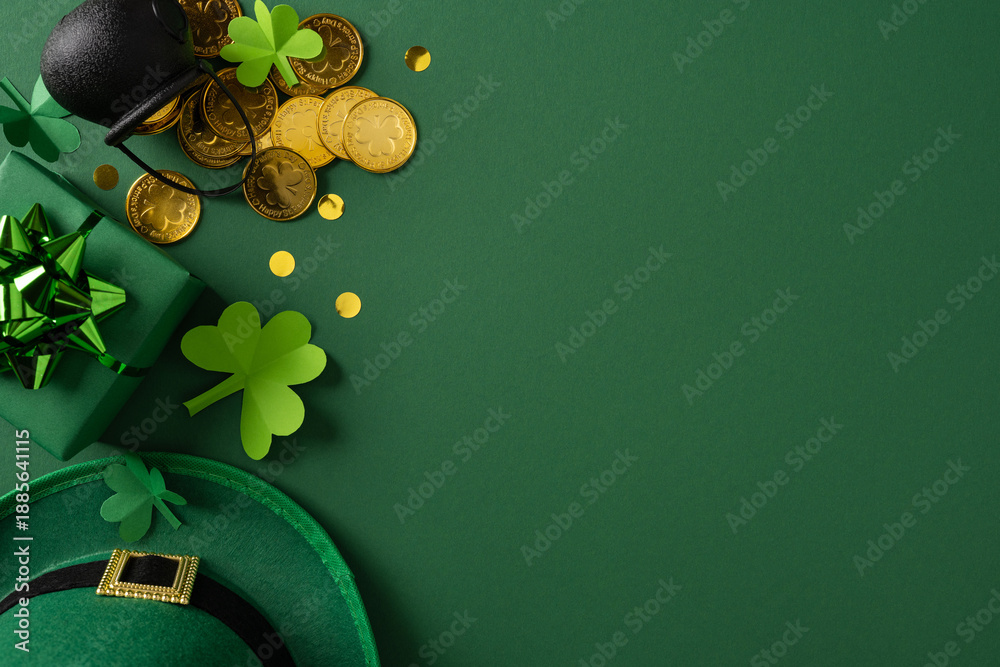 Naklejka premium A festive St Patrick's Day scene featuring green decor, shamrock shapes, gold coins, and party gifts on a rich emerald surface. Bright, lucky vibes convey celebration, charm, and seasonal greeting