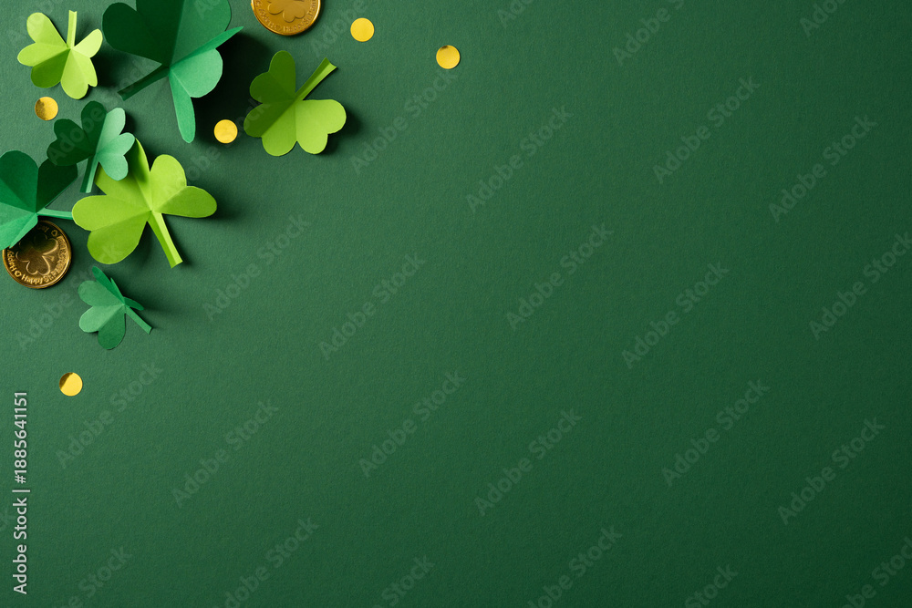 Obraz premium Vibrant green background with shamrocks and scattered gold coins evokes St Patrick's Day celebration and holiday greeting