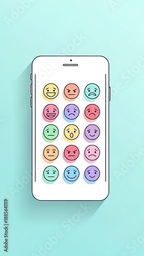 Colorful emoji faces on white smartphone mockup minimal design
