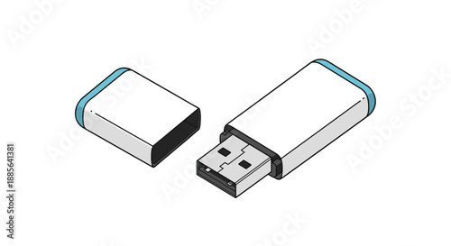 Small white USB flash drive with a blue trim and its matching protective cap shown on a plain white background for storage.