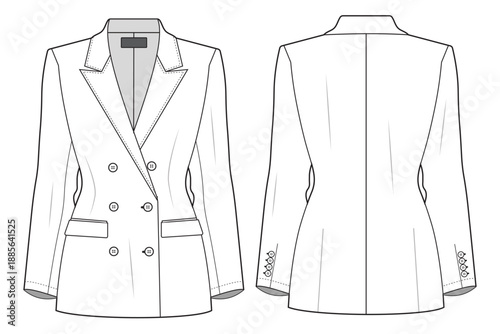 Women’s tailored blazer template. flat sketch technical drawing blazer illustration and mockup. double breasted blazer. CAD drawing.
