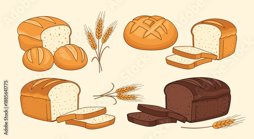 Variety of freshly baked bread loaves including whole wheat, rye, and white bread with wheat stalks on a cream background.