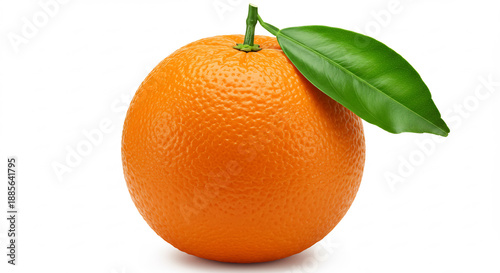 Leuchtend orangefarbene saftige Frucht mit frischem Blatt perfekt ausgeleuchtet vor reinweißem Hintergrund gesundes Vitamin C