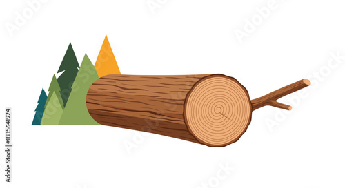 Freshly cut timber log lying on the ground in front of a stylized forest of green and yellow pine trees on white.