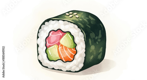Sushi roll illustration featuring salmon, tuna, and avocado on a white background viewed from the side
