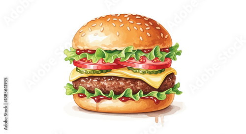 A high-angle view of a cheeseburger with lettuce and tomato on a sesame seed bun