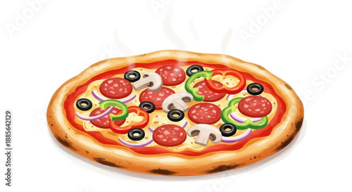 A steaming hot pepperoni pizza topped with cheese, olives, and peppers viewed from directly above in a culinary context